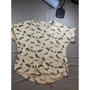 Oddi  Woman’s Tan/Blue Feather Crewneck Knit Tee, Size S/M